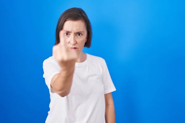 Middle Age Hispanic Woman Standing Blue Background Showing Middle Finger — Stok fotoğraf