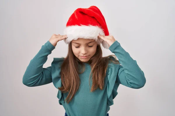 Malá Běloška Vánočním Klobouku Rukou Hlavě Bolest Hlavy Protože Stresu — Stock fotografie