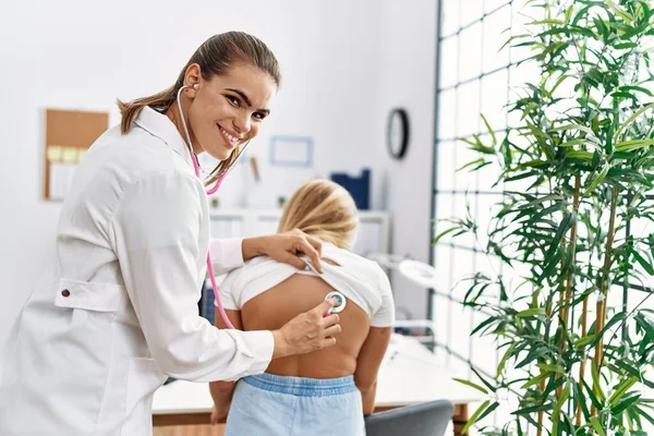 Woman Girl Pediatrician Patient Auscultating Having Medical Consultation Clinic — Stok fotoğraf
