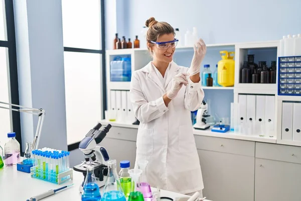 Young Blonde Woman Wearing Scientist Uniform Gloves Laboratory — Stock Photo, Image