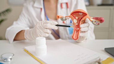 Genç beyaz kadın doktor klinikte üreme sistemi gösteriyor