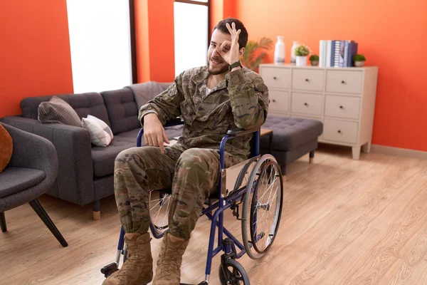 Young Hispanic Soldier Man Injured Sitting Wheelchair Smiling Happy Doing — Stock Photo, Image