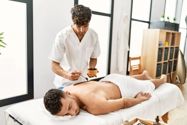 Two Hispanic Men Physiotherapist Patient Having Skin Back Treatment Using — Stock Photo, Image