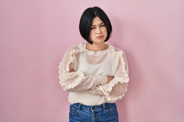 Young Asian Woman Standing Pink Background Skeptic Nervous Disapproving Expression — Stock fotografie
