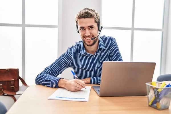 Young Man Call Center Agent Smiling Confident Working Office — Foto Stock
