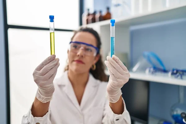 Young Beautiful Hispanic Woman Scientist Holding Test Tubes Laboratory — Stock Photo, Image