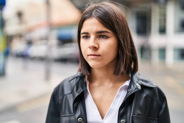 Young Beautiful Hispanic Woman Looking Side Serious Expression Street — Stok fotoğraf