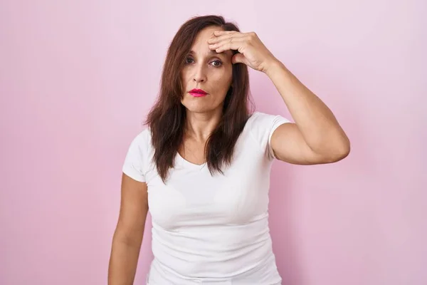 Middle Age Brunette Woman Standing Pink Background Worried Stressed Problem — Stock Photo, Image