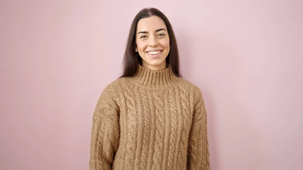 Young Beautiful Hispanic Woman Smiling Confident Standing Isolated Pink Background — Stok fotoğraf
