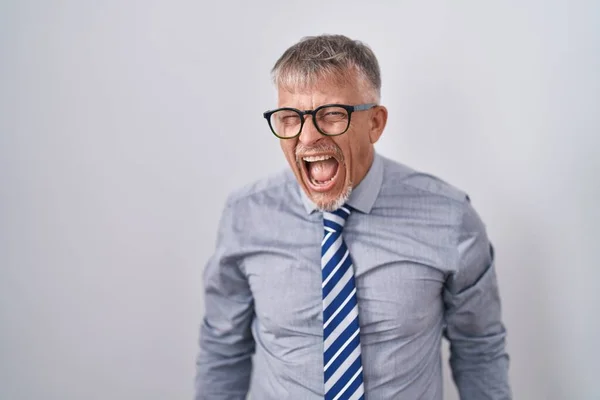 Hispanic Business Man Grey Hair Wearing Glasses Angry Mad Screaming — Stock Photo, Image