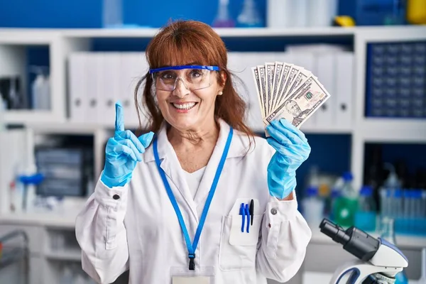Orta Yaşlı Spanyol Bir Kadın Elinde Dolarlarla Laboratuvarda Çalışıyor Mutlu — Stok fotoğraf