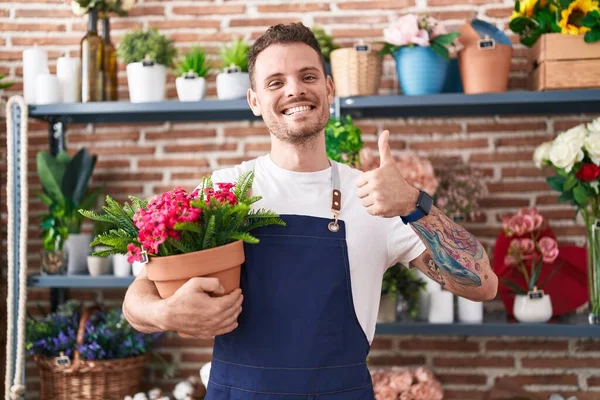 Młody Hiszpan Pracuje Kwiaciarni Trzymając Garnek Roślin Uśmiechnięty Szczęśliwy Pozytywny — Zdjęcie stockowe