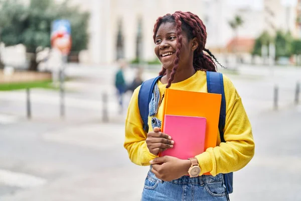 African American Woman Student Smiling Confident Holding Books Street — Stock Photo, Image