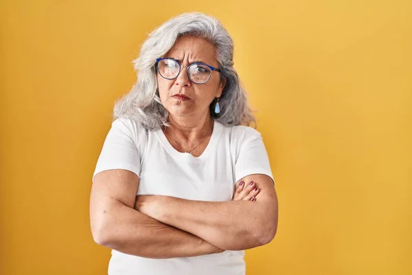 Middle Age Woman Grey Hair Standing Yellow Background Skeptic Nervous — Stock Photo, Image