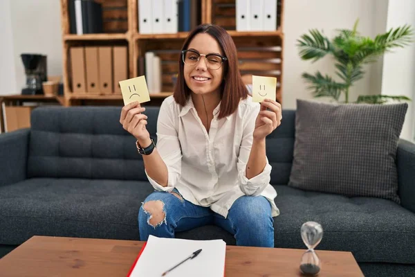 Young Hispanic Woman Working Depression Holding Sad Happy Emotion Paper — Stock Photo, Image