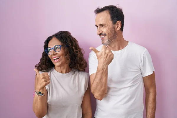 Middle Age Hispanic Couple Together Pink Background Smiling Happy Face — Stock Photo, Image