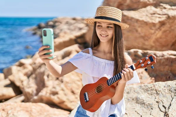 Adorable Girl Tourist Make Selfie Smartphone Playing Ukulele Seaside — Stock Photo, Image