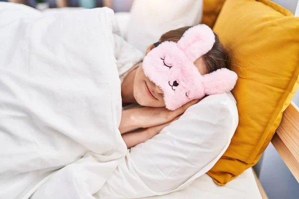 Young Caucasian Woman Wearing Sleep Mask Lying Bed Sleeping Bedroom — Stockfoto