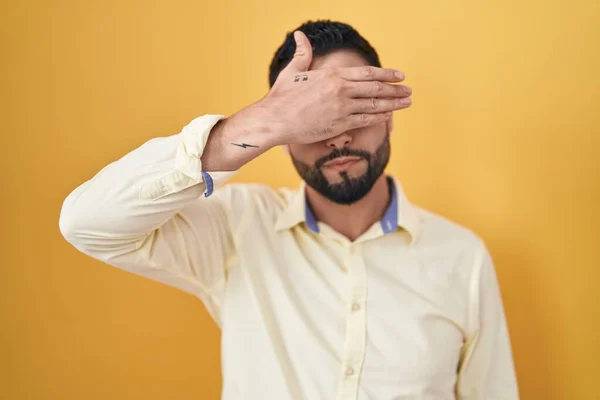 Hispanic Young Man Wearing Business Clothes Glasses Covering Eyes Hand — Stock Photo, Image