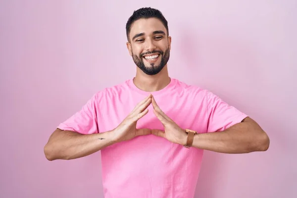 Hispanic Young Man Standing Pink Background Hands Together Fingers Crossed — Stock Photo, Image