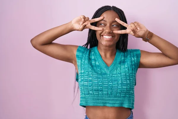 Young African American Braids Standing Pink Background Doing Peace Symbol — 图库照片
