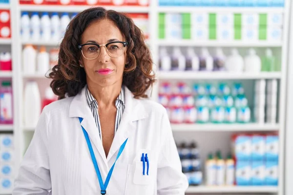 Middle Age Woman Pharmacist Standing Relaxed Expression Pharmacy — Stok fotoğraf