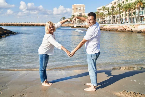 Middle Age Man Woman Couple Doing Heart Symbol Arms Seaside — Stock Photo, Image