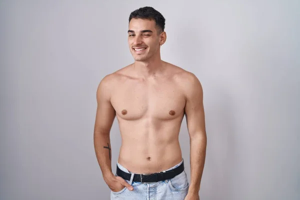 Handsome Hispanic Man Standing Shirtless Winking Looking Camera Sexy Expression — Stockfoto