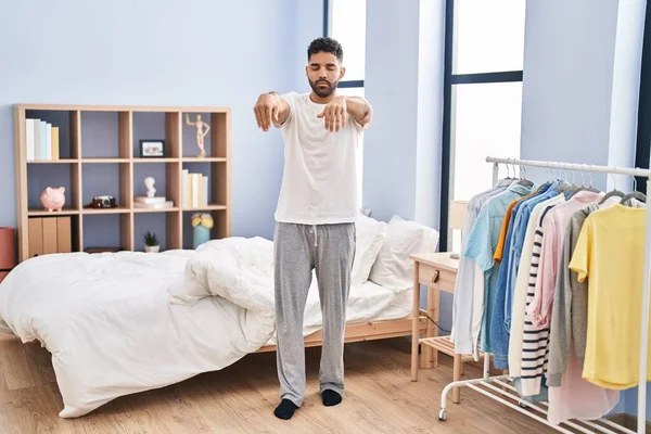 Young Hispanic Man Sleepwalking Bedroom — Stockfoto