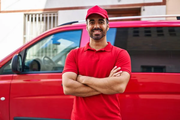 Young Hispanic Man Courier Standing Arms Crossed Gesture Street — Stockfoto