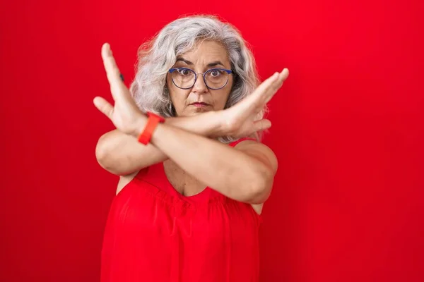 Middle Age Woman Grey Hair Standing Red Background Rejection Expression — Stock Photo, Image