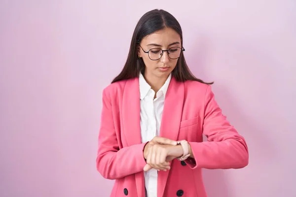 Young Hispanic Woman Wearing Business Clothes Glasses Checking Time Wrist — Stock Photo, Image