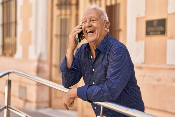 Senior Grey Haired Man Smiling Confident Talking Smartphone Street — Stock Fotó