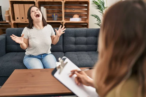 Hispanic Girl Syndrome Doing Therapy Crazy Mad Shouting Yelling Aggressive — Stock Photo, Image