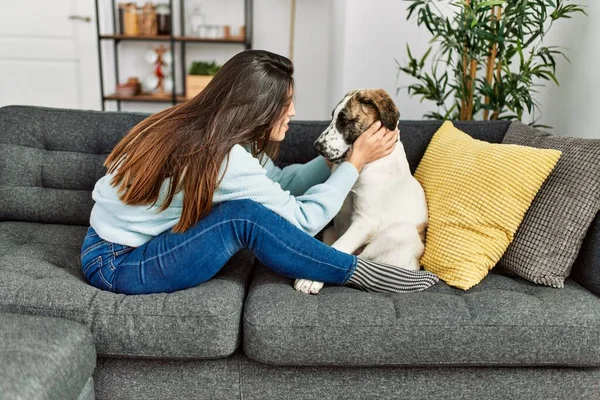 Junge Frau Umarmt Hund Der Hause Auf Sofa Sitzt — Stockfoto