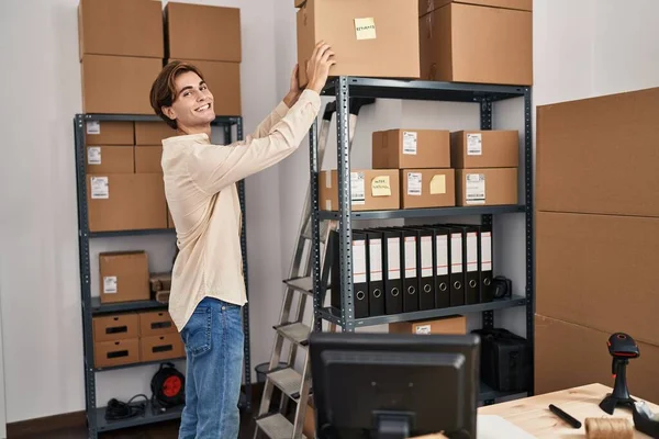 Young Caucasian Man Ecommerce Business Worker Putting Package Shelving Office — 图库照片