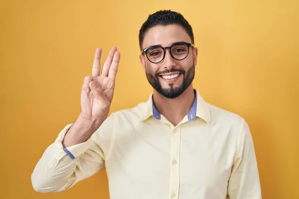 Hispanic Young Man Wearing Business Clothes Glasses Showing Pointing Fingers — Stock Photo, Image