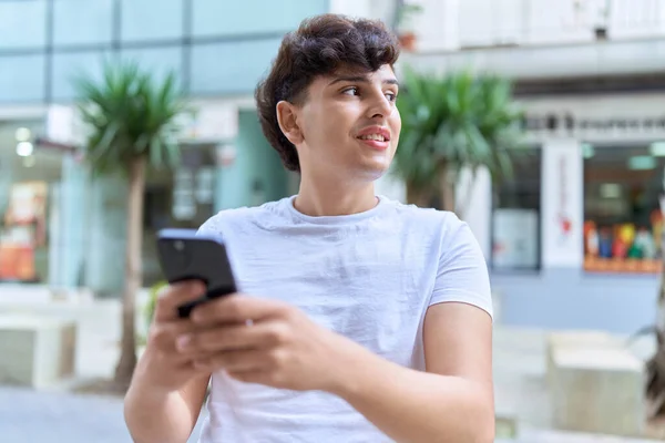 Non Binary Man Smiling Confident Using Smartphone Street —  Fotos de Stock