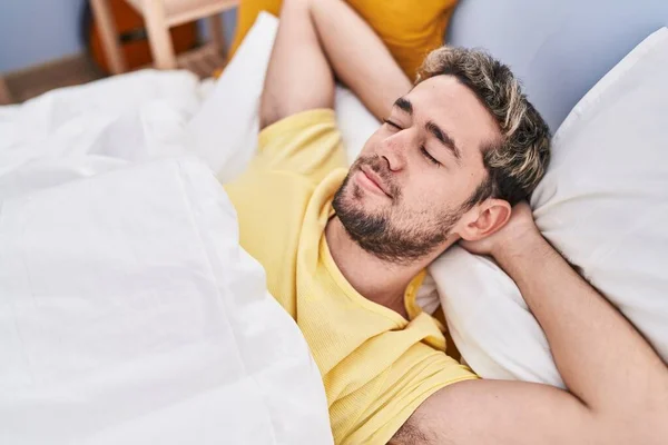 Young Man Lying Bed Sleeping Bedroom — Stockfoto