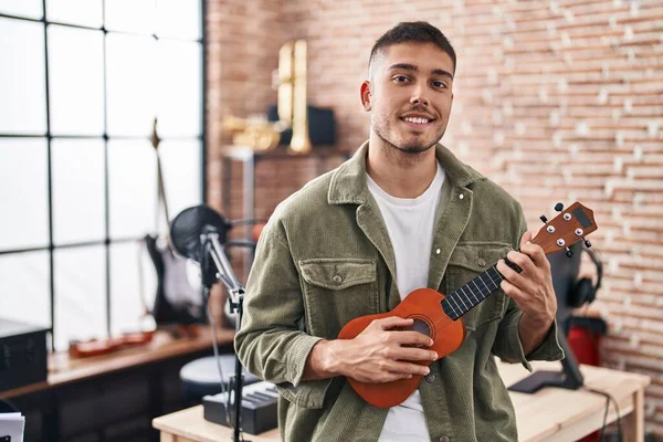 Young Hispanic Man Musician Playing Ukelele Music Studio — Stock Photo, Image