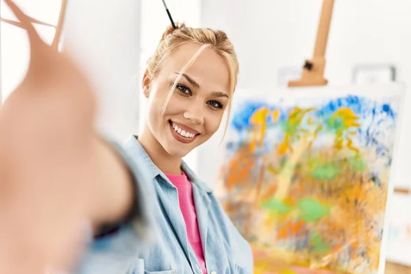 Young Caucasian Woman Artist Smiling Confident Make Selfie Camera Art — Stockfoto