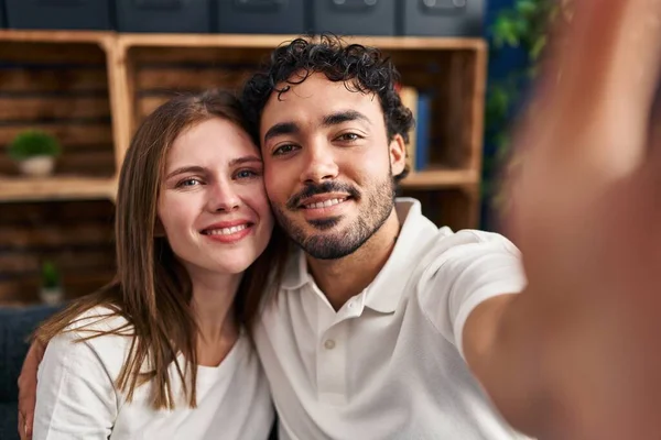 Man Woman Hugging Each Other Make Selfie Smartphone Home — Stockfoto
