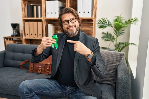 Handsome Middle Age Man Holding Support Green Ribbon Smiling Happy — Stock Photo, Image