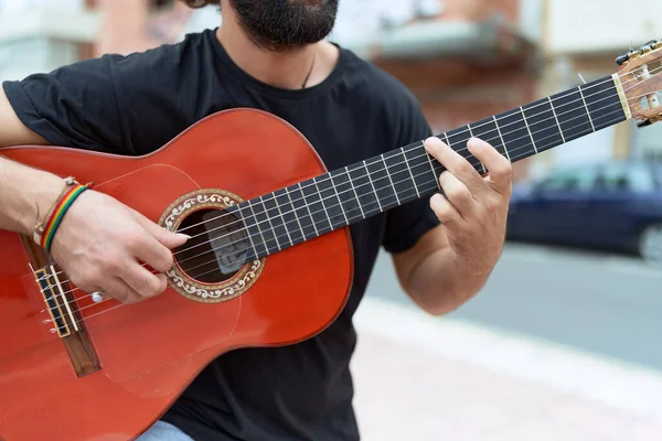 Young Hispanic Man Musician Playing Classical Guitar Street — Fotografia de Stock