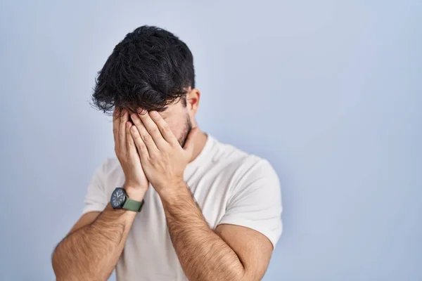 Hispanic Man Beard Standing White Background Sad Expression Covering Face — Stockfoto