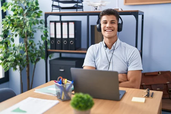 Young Hispanic Man Working Office Wearing Headphones Happy Face Smiling — Stock Photo, Image