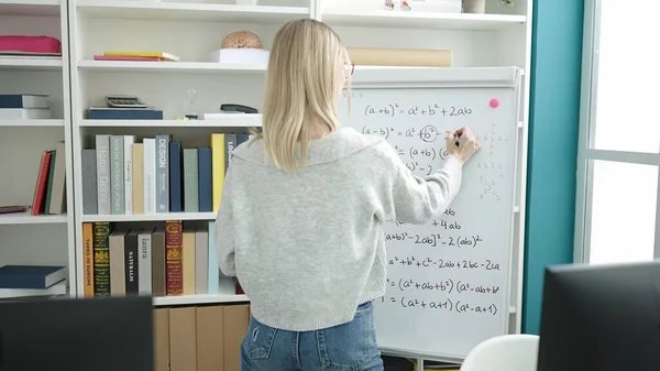 Young Blonde Woman Teaching Maths Magnetic Board Library University — Stockfoto