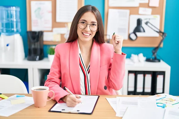Young Hispanic Woman Working Office Wearing Glasses Very Happy Excited — Foto Stock