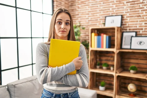 Young Woman Holding Notebook Skeptic Nervous Frowning Upset Because Problem — Stock Fotó