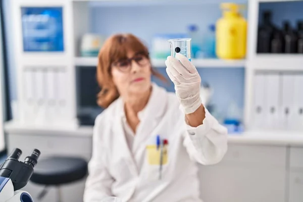 Kobieta Średnim Wieku Naukowiec Patrząc Próbki Laboratorium — Zdjęcie stockowe